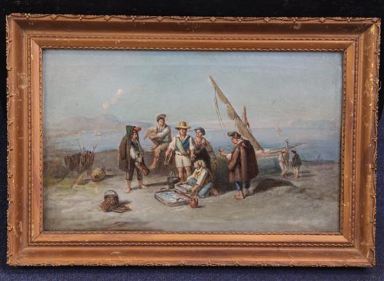 Late 19th century Neapolitan School Figures dancing and fisherfolk overlooking the Bay of Naples 9 x 15in.